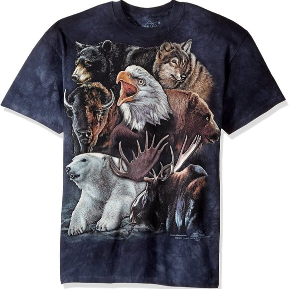 The Mountain Wild Alaskan Collage Eagle Bear Bison Wolf Blue Animal T-Shirt S-3X - Picture 1 of 4